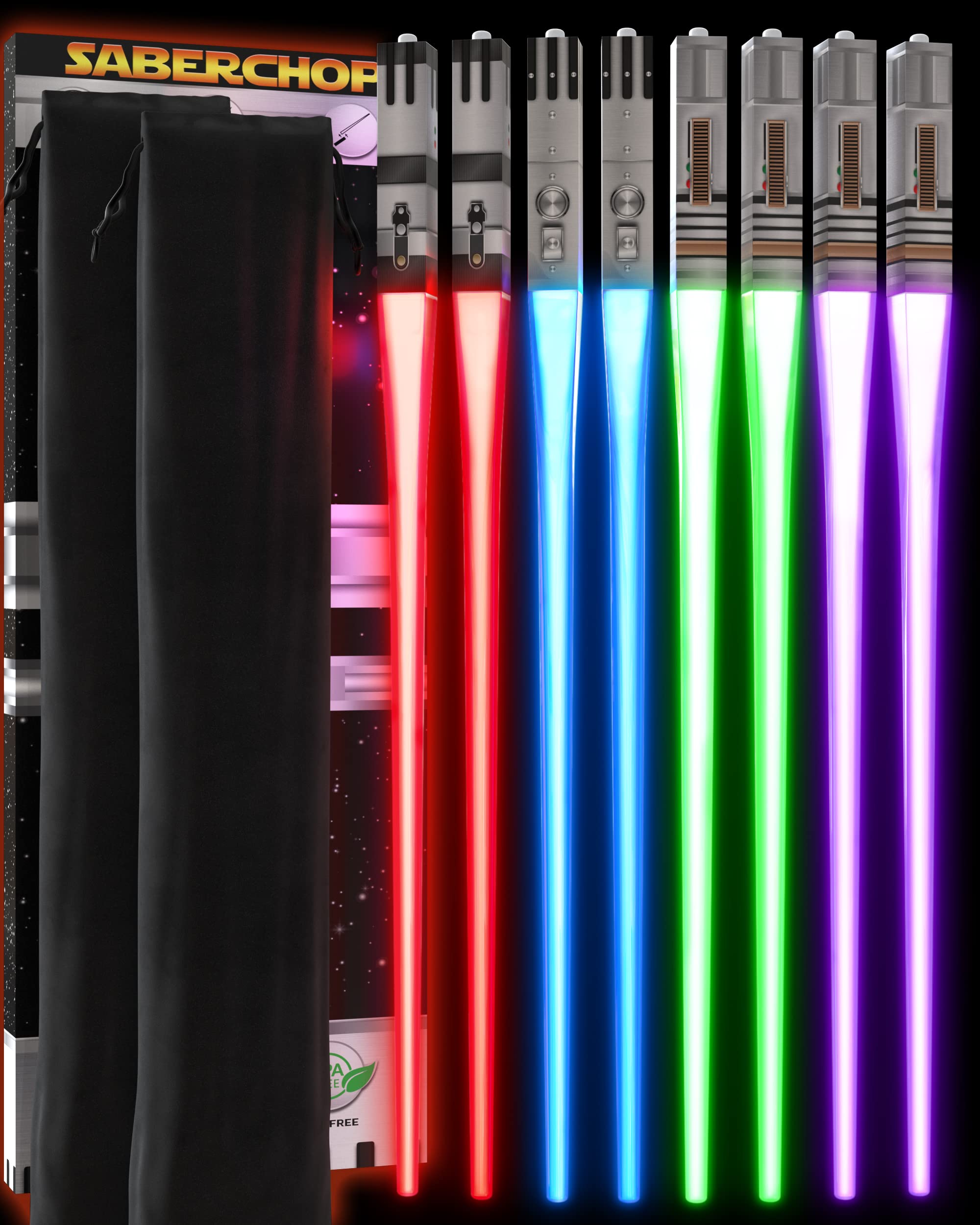 Star Wars Luminous Chopsticks, LED Lightsaber Chopsticks, Reusable, Sushi Light, Removable Handle, Dishwasher Safe, Red, Green, Blue, Purple, 4 Pairs