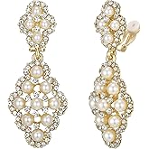 BriLove Women's Wedding Bridal Rhombus Crystal Simulated Pearl Hollow Chandelier Clip-On Dangle Earrings