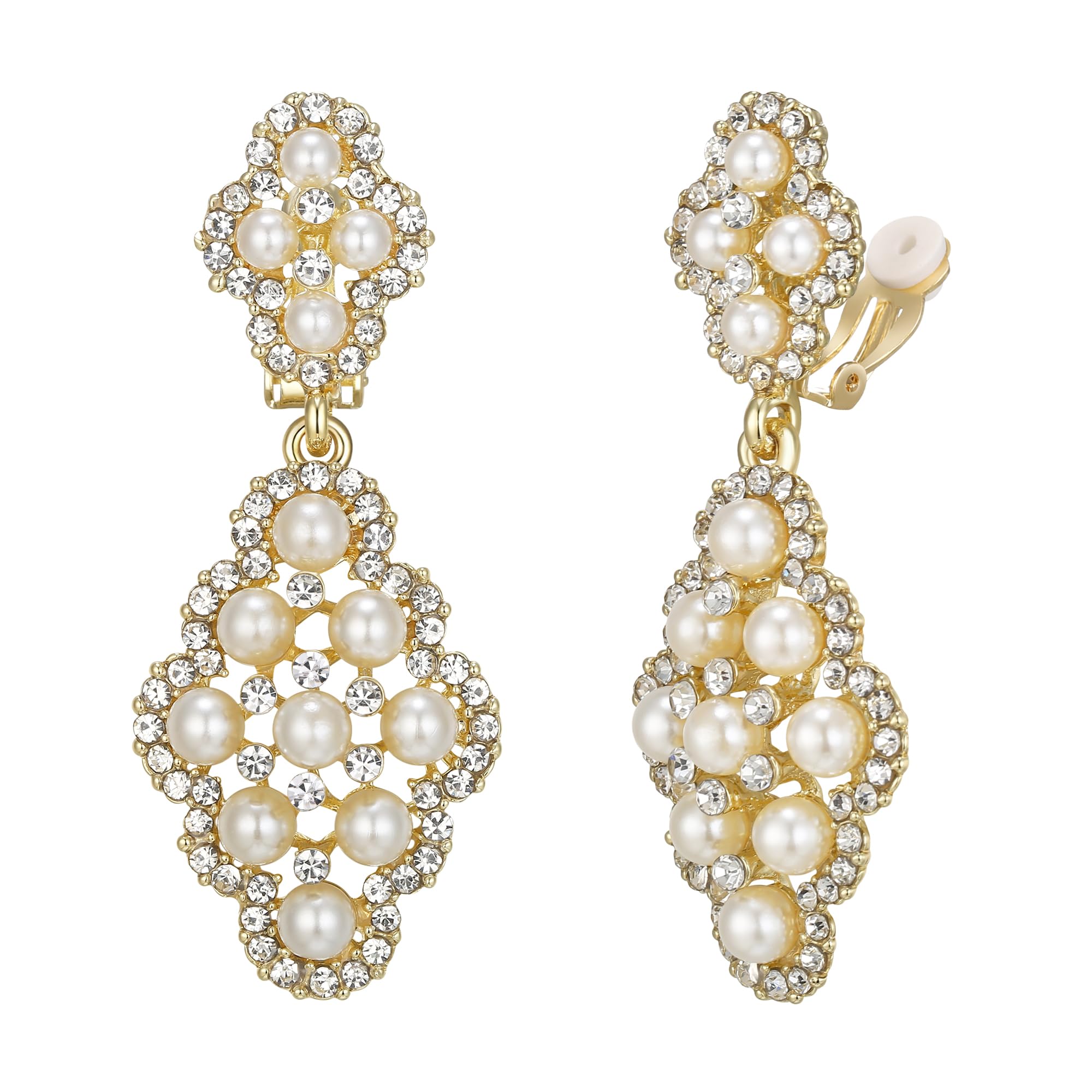 Clearine Wedding Bridal Clip On Rhombus Crystal Simulated Pearl Hollow Chandelier Dangle Earrings for Women Clear Gold-Tone