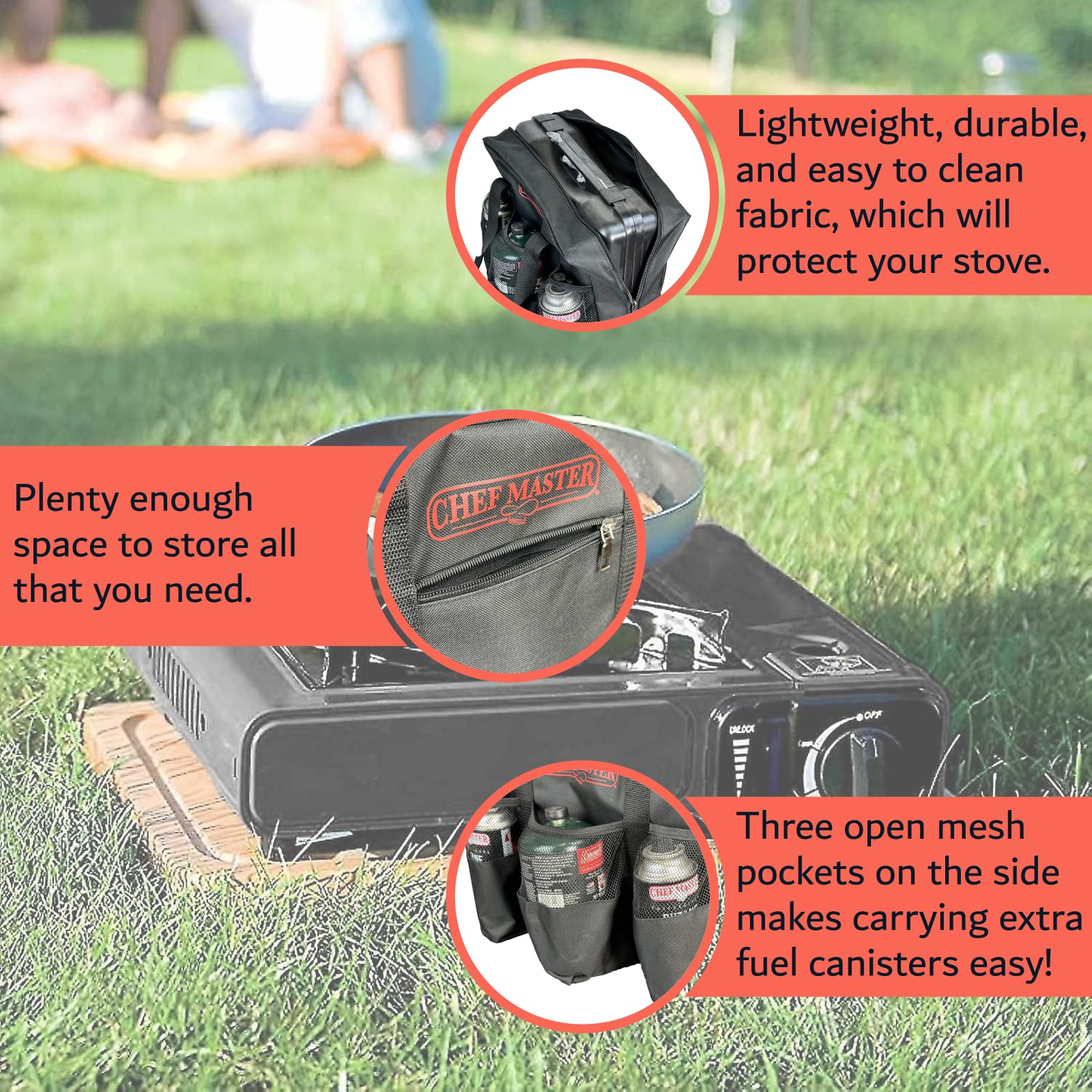 Chef Master Carrying Bag for Camp Stove & Butane Fuel Canister, Travel Camping Bag for Tin Cans, Compatible for Most Portable Camp Stoves & Dual Fuel Stove for Outdoor Trip, Camping Essential 90080