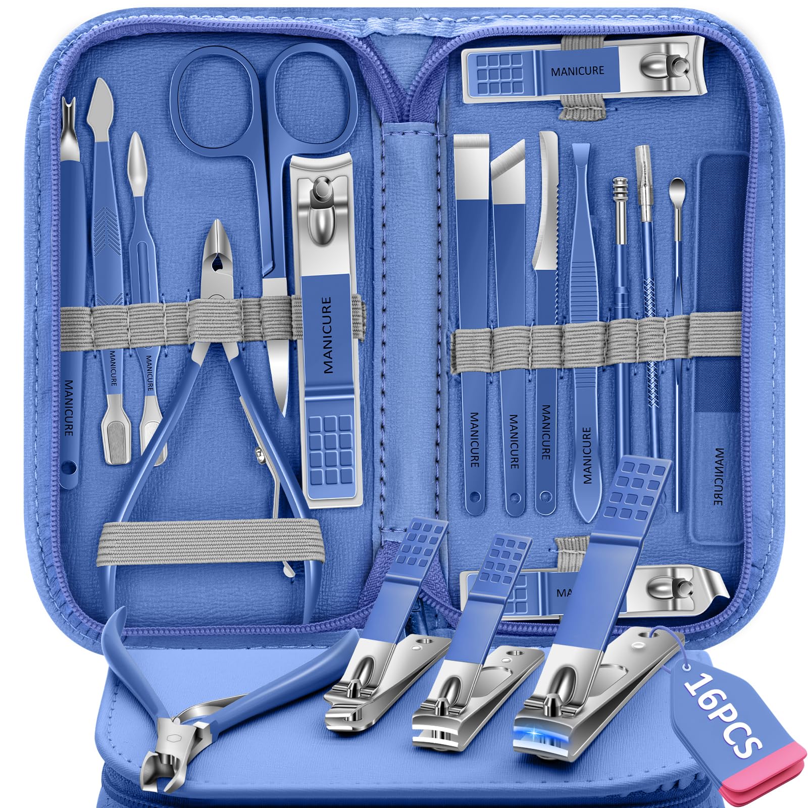 Manicure Set Nail Clipper Set, 16 In 1Pedicure Manicure Kit Professional Pedicure Set Women Men Personal Nail Care Kit with Travel Case Blue