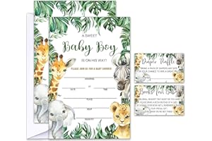 Geuro Set of 25 Baby Shower Invitations with Envelopes, Diaper Raffle Tickets and Baby Shower Book Request Cards, Jungle Animals 01