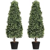 Damomo 3ft Topiary Trees Artificial Topiaries Boxwood Trees Outdoor Faux Shrub 2 Packs with Black Pot, Fake Bushes Potted Green Plants Decorative Indoor Porch or Garden（35inch）