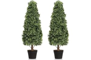 Damomo 3ft Topiary Trees Artificial Topiaries Boxwood Trees Outdoor Faux Shrub 2 Packs with Black Pot, Fake Bushes Potted Green Plants Decorative Indoor Porch or Garden（35inch）
