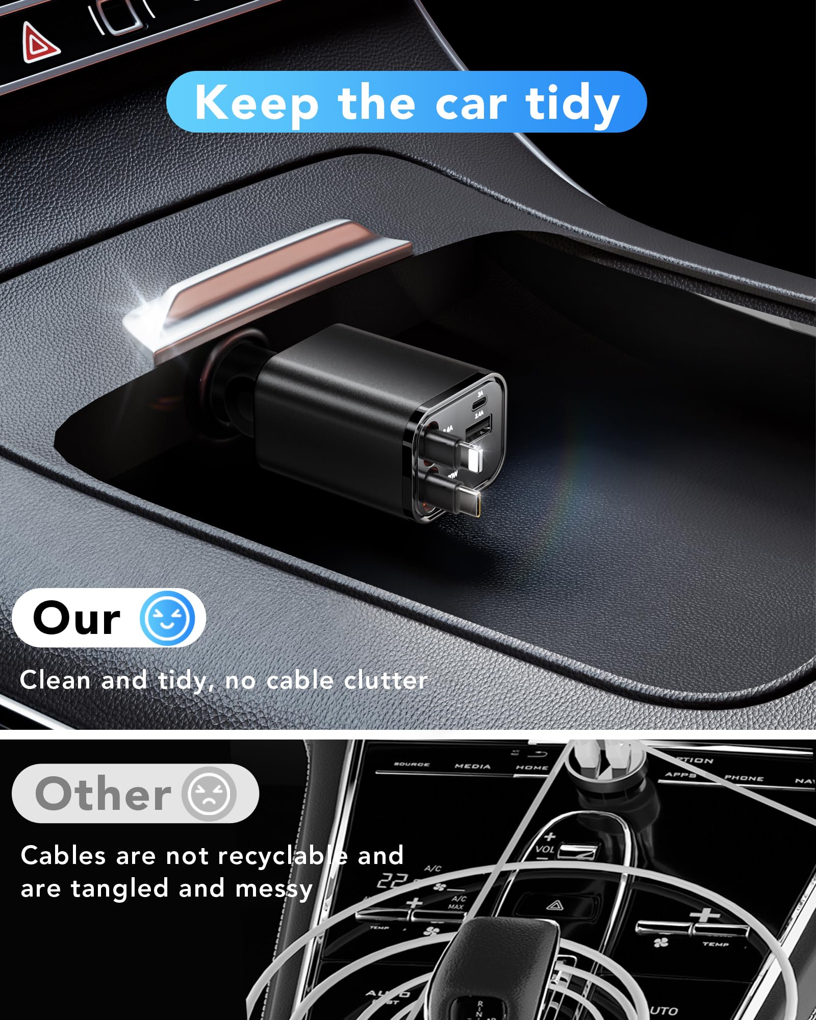 4 in 1 Einziehbares Auto Ladegerät mit Kabel Zigarettenanzünder USB 5