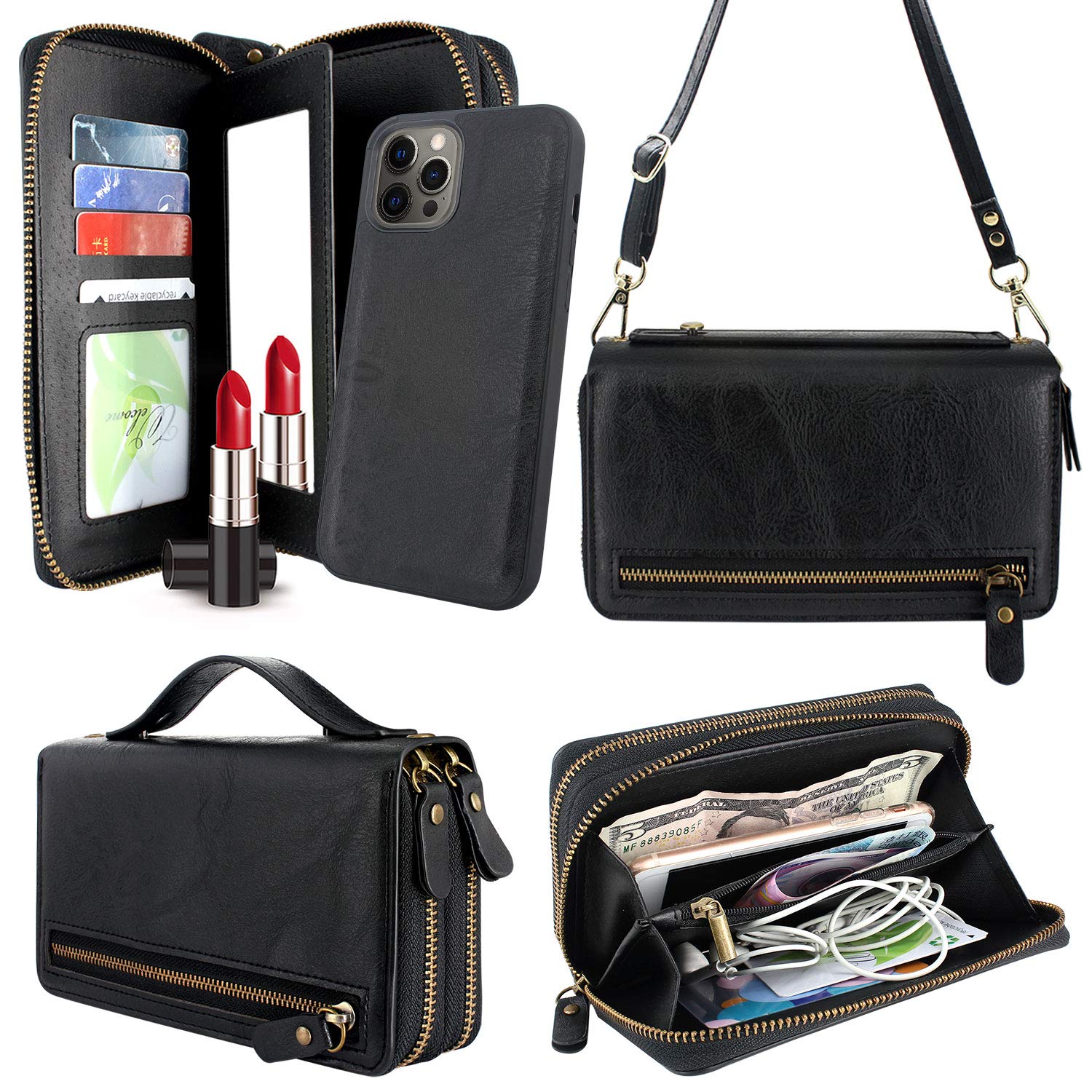 Photo 1 of Harryshell Compatible with iPhone 12 Pro Max 6.7 inch 2020 Case Wallet Multi Zipper Detachable Magnetic Cover Clutch Purse with Card Slots Mirror Crossbody Chain Wrist Strap (Black)