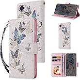 UEEBAI Wallet Case for iPhone 16e, PU Leather Phone Cover Kickstand RFID Blocking Flip Case Card Slots Wrist Strap Relief Engraved Pattern Magnetic Closure Flower Folio Wallet, Blue Butterfly