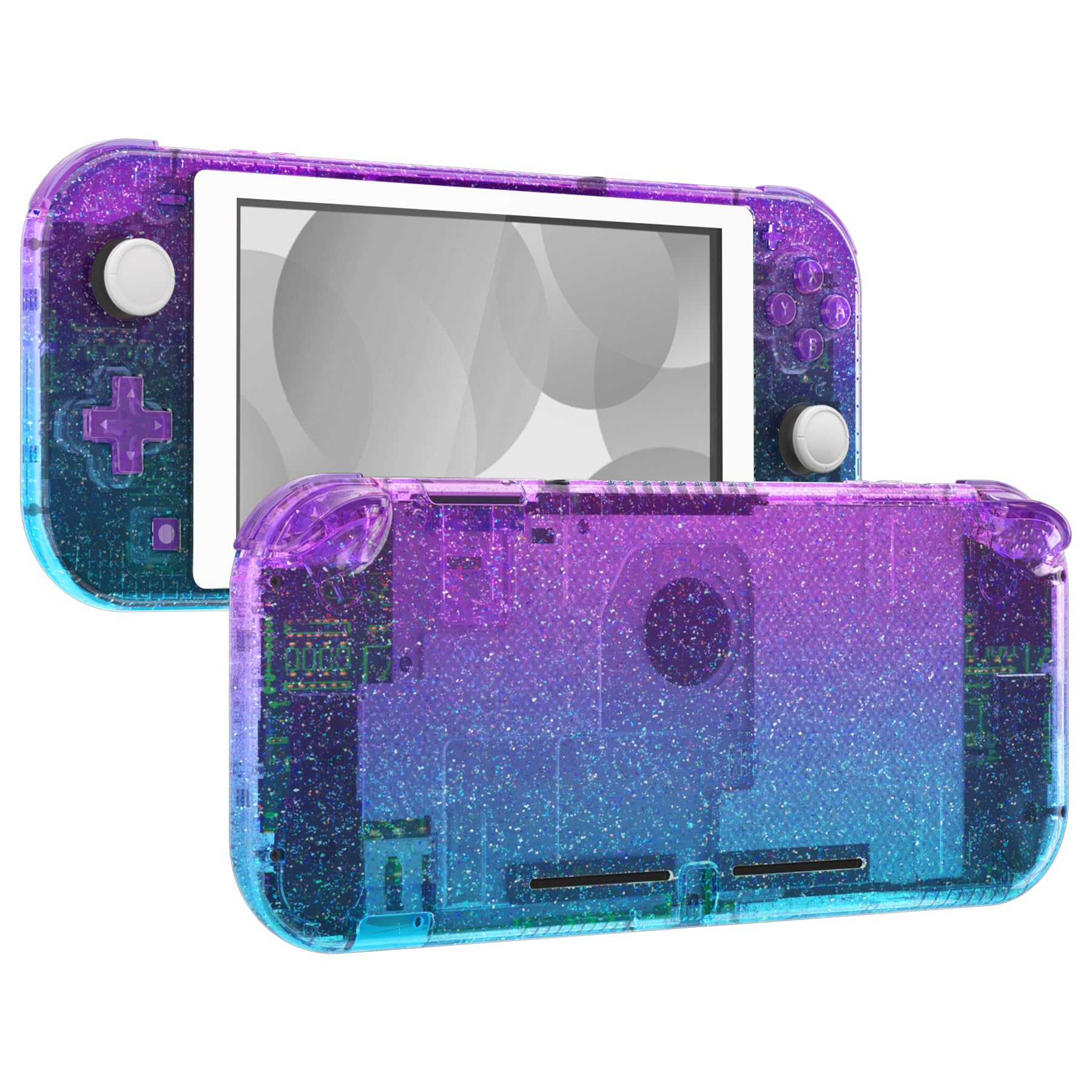 eXtremeRate Carcasa de repuesto translúcida con degradado de purpurina azul y azul para Nintendo Switch Lite, carcasa de controlador de mano NSL con protector de pantalla, funda personalizada para Nintendo Switch Lite