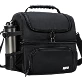 MIER Lunch Box for Men - Dual Compartment Adult Lunch Bag for Work, Black | Leakproof &amp; Insulated; Lunchbox Cooler Tote with Side Bottle Holder; Detachable Shoulder Strap with Pad; Multi-Pockets