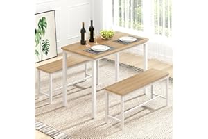 Rovibek 43" Dining Table Benches Set for 4, Modern Space Saving Kitchen Table Chairs & Adjustable Feet Breakfast Table 2 Benches, Wooden Industrial Style Farmhouse, White