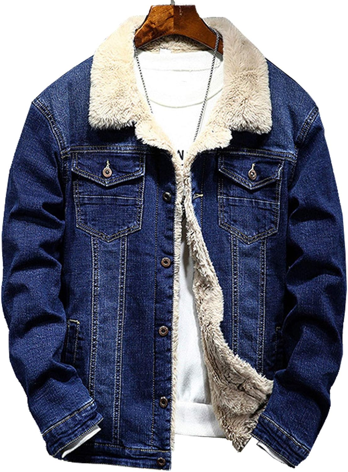 Nidicus Men's Warm Fleece Lined Denim Trucker Jackets Winter Jean Cowboy Coats Dark Blue XS at