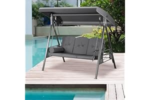 Pamapic 3-Seat Outdoor Patio Swing Chair with Weather Resistant Steel Frame, Adjustable Canopy Removable Cushion and Pillow for Backyard, Garden, Porch, Poolside, Balcony(Gray)