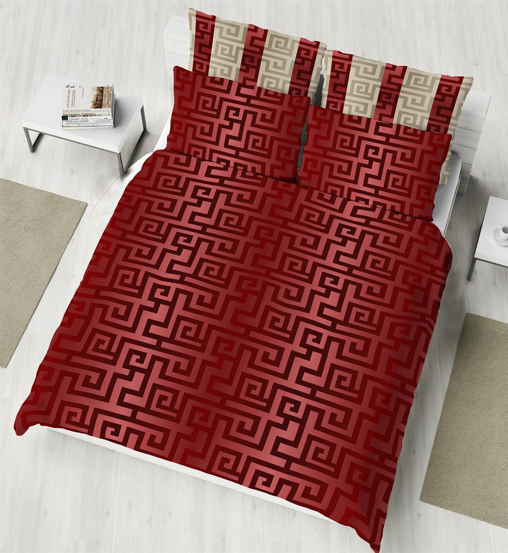 K Collection Athena Duvet Cover - Greek Meander Reversible Bedding Set - Greek Key Design - 100% Cotton - King Size - Red/Gold