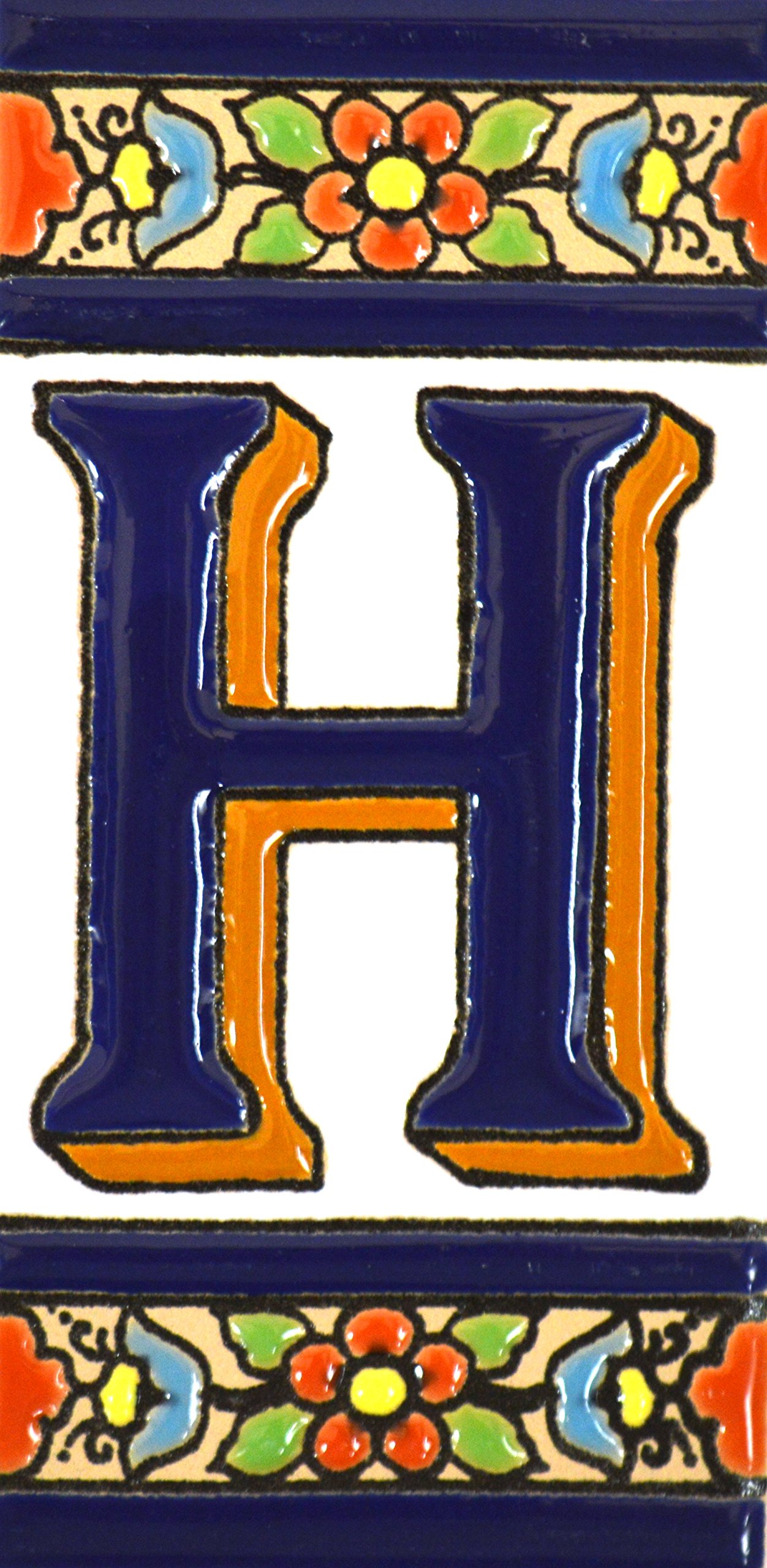 House letters 4 inch. Handpainted house letter tiles for signs, addresses and names. Address numbers for houses. House address numbers and letters. Design FLORES MEDIANO 4,29" x 2,13" (LETTER H) — image 1