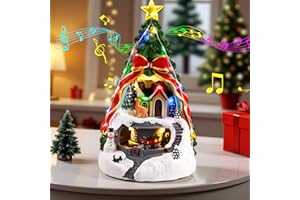 ZPCO Musical Christmas Village with Spinning Train Deer - Pre-Lit Artificial Christmas Tree - Battery & USB - Collection Figurines for Home Tabletop Decorative, Xmas Decor Gift