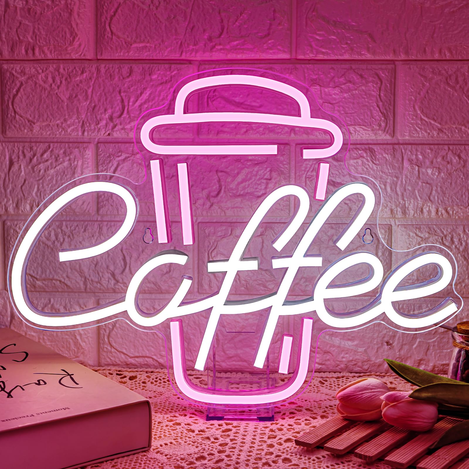 Ineonlife Coffee Neon Light Sign Pink Neon Signs Neon Lights White Open Sign White Letter Light Up Coffee Cup Neon Light Signs for Wall Cafe Bar Restaurant Decor