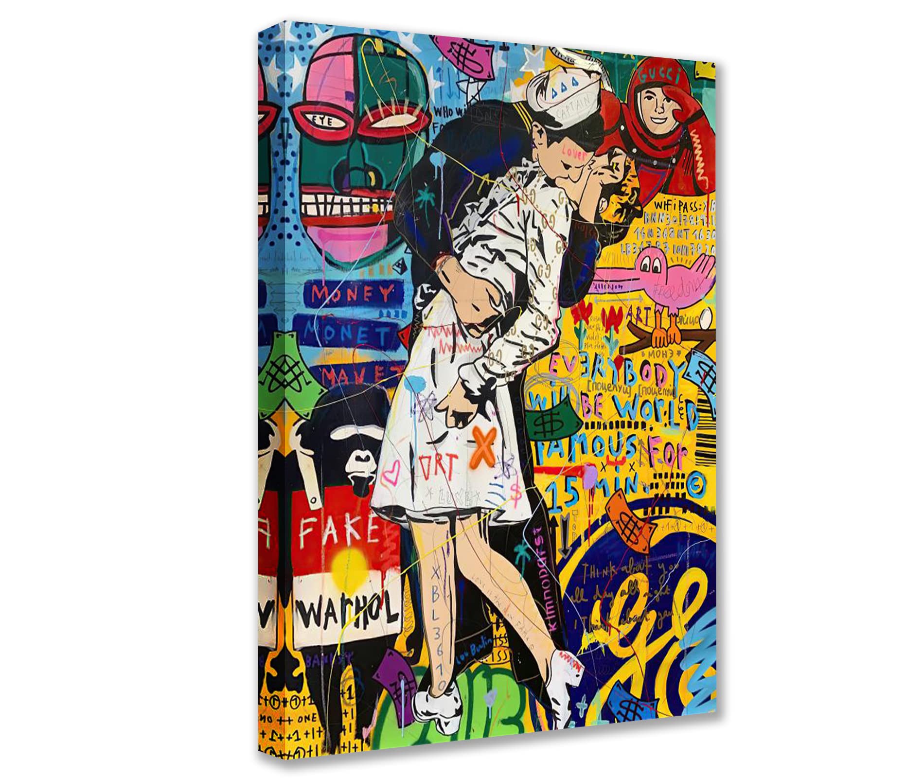 Tucocoo Contemporary Graffiti Wall Art Pop Street Pictures Sailor Kissing Woman Paintings 1 Panel Canvas Modern Artwork Home Decor for Living Room Framed Ready to Hang Posters and Prints 16x24inch
