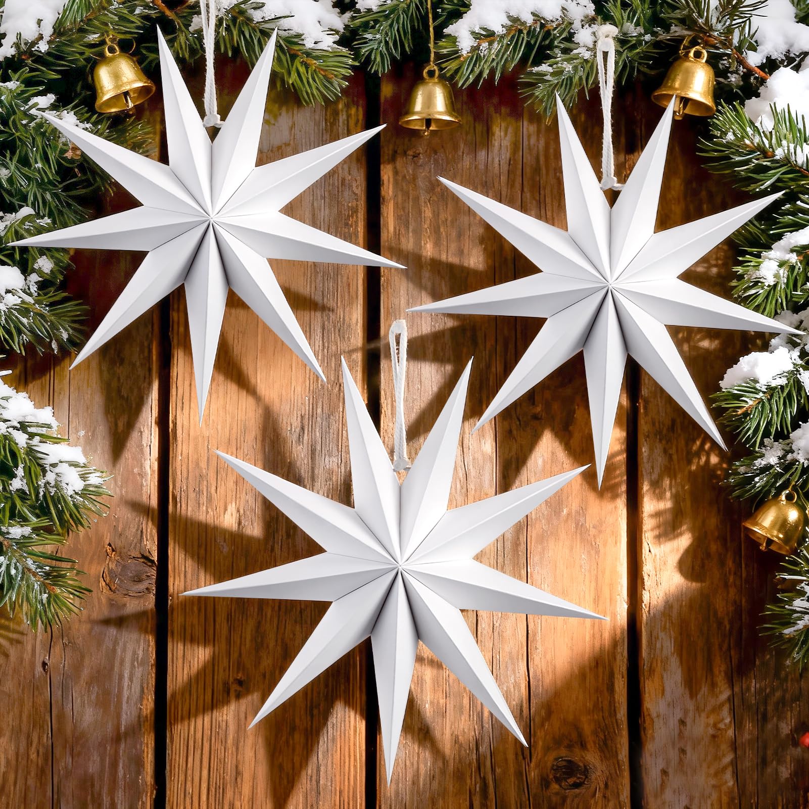 White Paper Stars, 3D Hanging Star, 7 Pointed 12 Inch Large Stars Lanterns Christma Christmas Party Xmas Decorations for Xmas Tree Wall Fireplace Tree Window Door Ceiling Decor