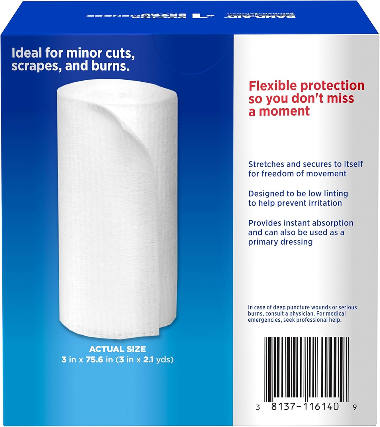 Band Aid Brand of First Aid Products Flexible Rolled Gauze Dressing for Minor Wound Care, Soft Padding and Instant Absorption, 3 Inches by 2.1 Yards, Value Pack 5 ct: Health & Personal Care