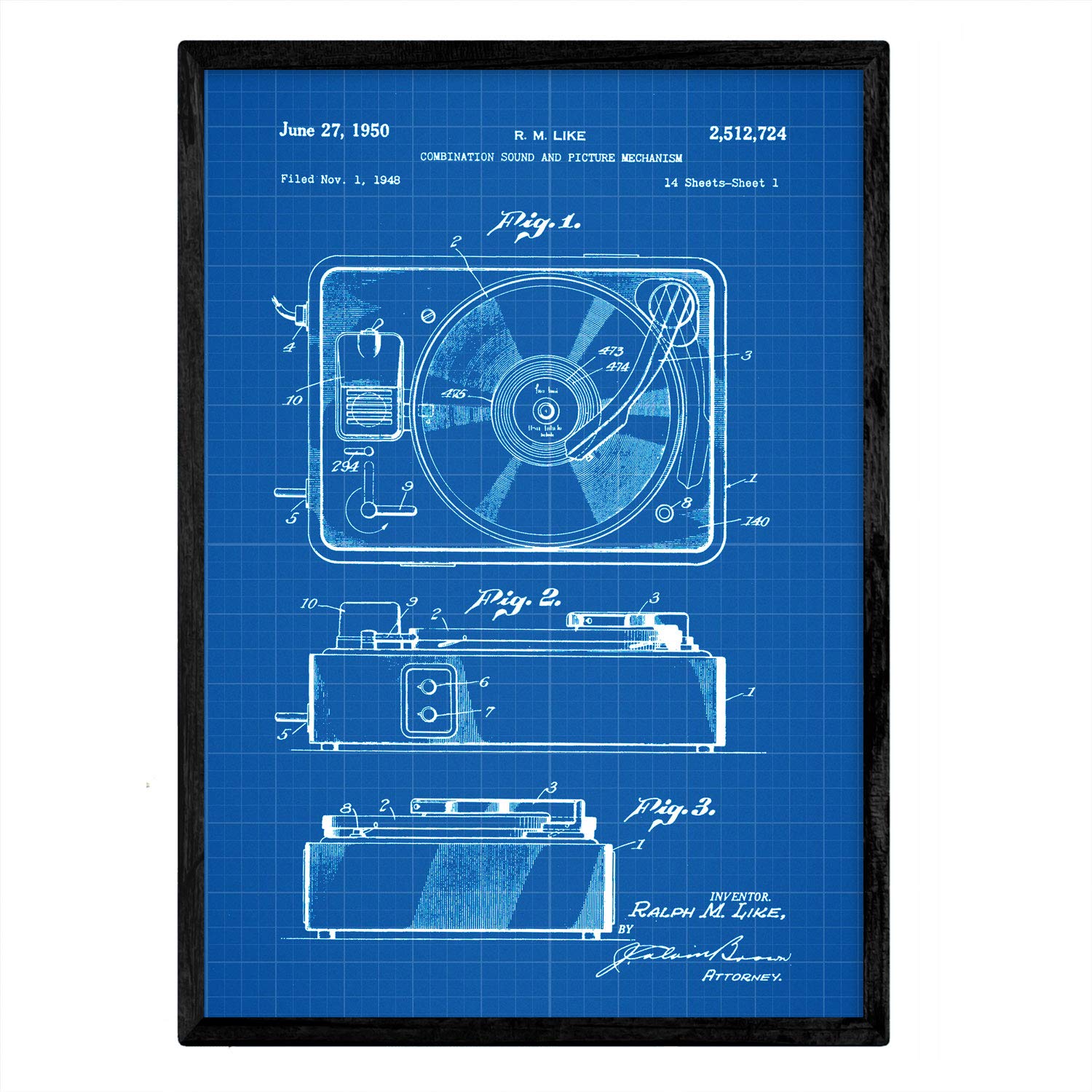 Nacnic Poster patent Sound and image 3. Foil with old design patent in A3 size with blue background