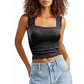 AIHUKOCY Women Square Neck Wide Strap Floral Crop Tank Top Sleeveless Lettuce Trim Solid Slim Cropped Cami Vest Tops