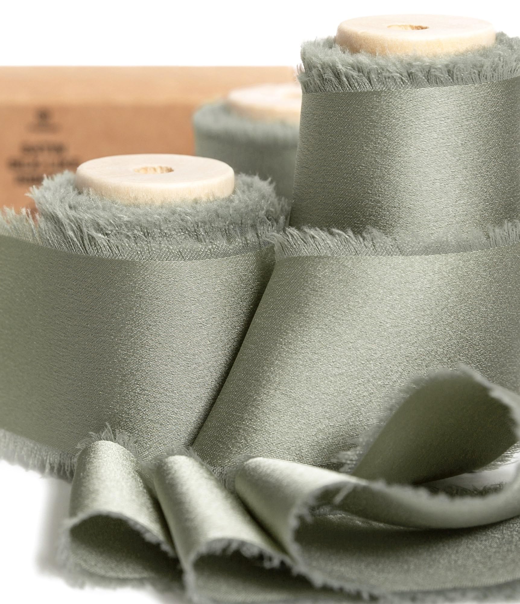 Vitalizart Dusty Sage Green Silky Satin Ribbon, 1.5'' x 15 Yard with Wooden Spool, Handmade Fringe Chiffon Ribbons for Gift Wrapping, Festive Decoration, DIY Craft, Wedding Bridal Bouquet