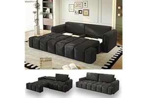 LuxyHoom 90.2" Futon Sofa Bed King, 3-in-1 Teddy Convertible L-Shaped Sofa, Upholstered Loveseat Couches, Pull Out Couch Bed Small Spaces, Deep Seat, Storage for Living Room, Apartment, Black