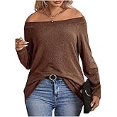 WDIRARA Women's Plus Size Off The Shoulder T Shirts Long Sleeve Loose Tops