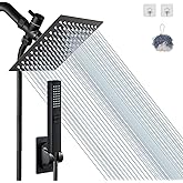8'' Matte Black Shower Head with hose, 2 in 1 Setting High Pressure Shower Heads, Anti-leak Rainfall Shower Head with Holder, Dual Rain Shower Head with Handheld Spray, Bellearlly