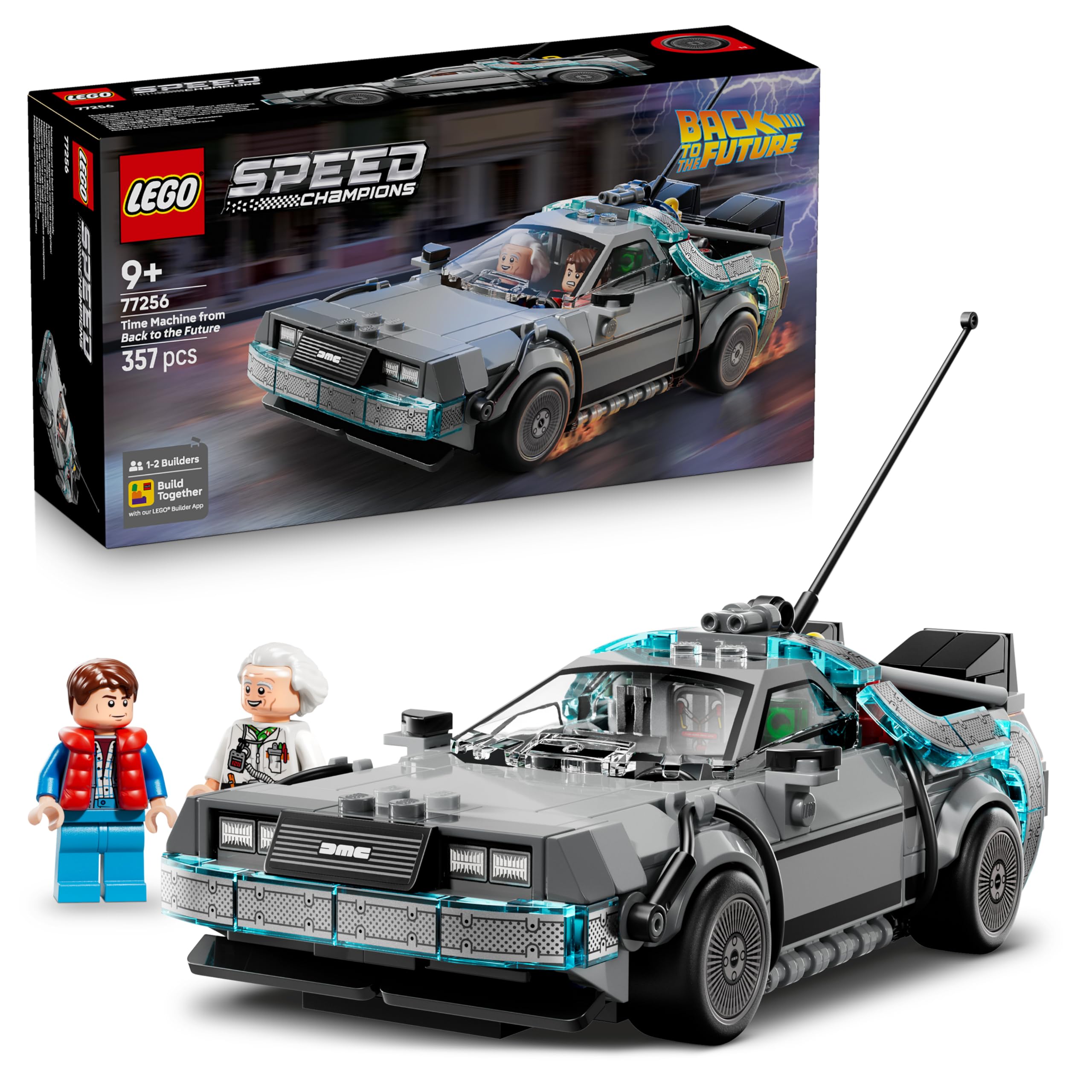 LEGO Speed Champions Zeitmaschine aus Zurück in die Zukunft - Kinder Spielzeug mit Automodell und 2 Minifiguren - Marty McFly und Doc Brown - Kreatives Geschenk für Kinder ab 9 Jahren - 77256