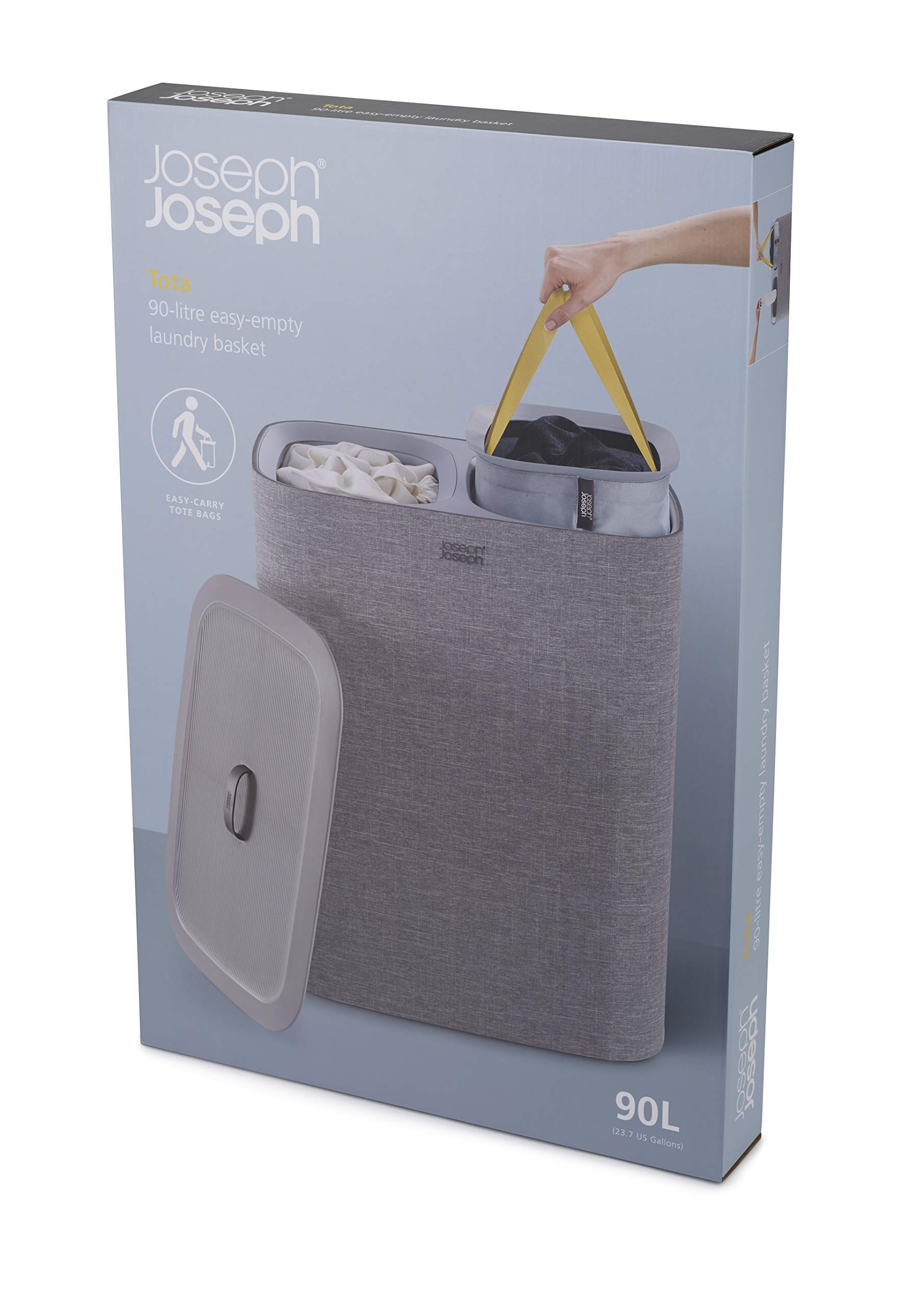 Joseph Joseph Tota 90 liter/23.8 gallon Laundry Hamper Separation Basket with lid, 2 Removable Washing Bags with Handles - Gray
