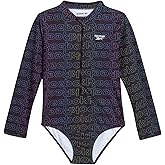 Reebok Girls' Rash Guard Bathing Suit - UPF 50+ Quarter Zip Long Sleeve One Piece Bathing Suit - Monokini for Girls (7-12)