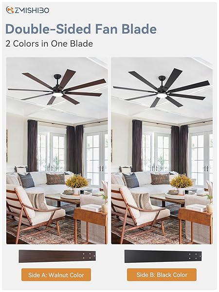 ZMISHIBO 72 INCH LARGE CEILING FANS WITH LIGHTS AND REMOTE, INDOOR/OUTDOOR BLACK MODERN CEILING FAN FOR KITCHEN LIVING ROOM PATIO, 6 SPEED REVERSIBLE QUIET DC MOTOR, 3 CCT, DUAL FINISH 8 BLADES
