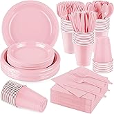 Aodaer 400 Pieces Pink Party Supplies Disposable Dinnerware Set Include Plastic Plates Cups Knives Forks Spoons Paper Napkins for Birthday Wedding Graduation Parties, Serve 50 Guests