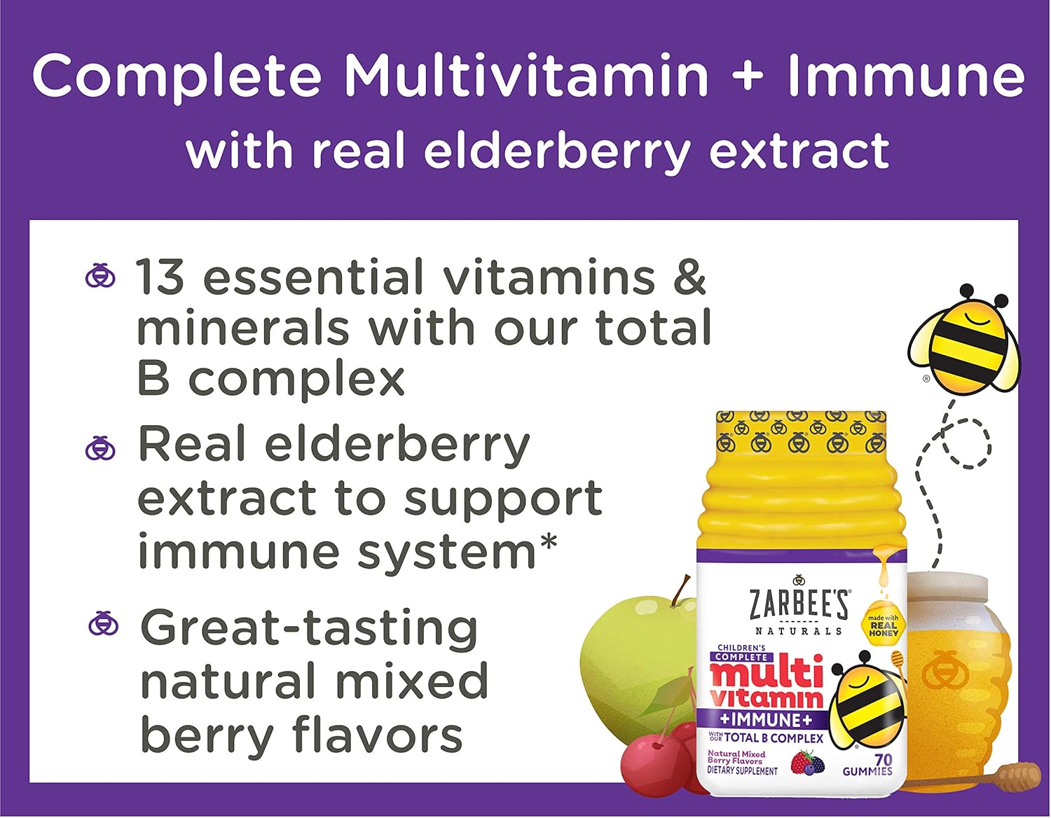 Zarbee's Naturals Children's Complete Multivitamin + Immune* Gummies, Mixed Berry Flavors, 70 Gummies: Health & Personal Care