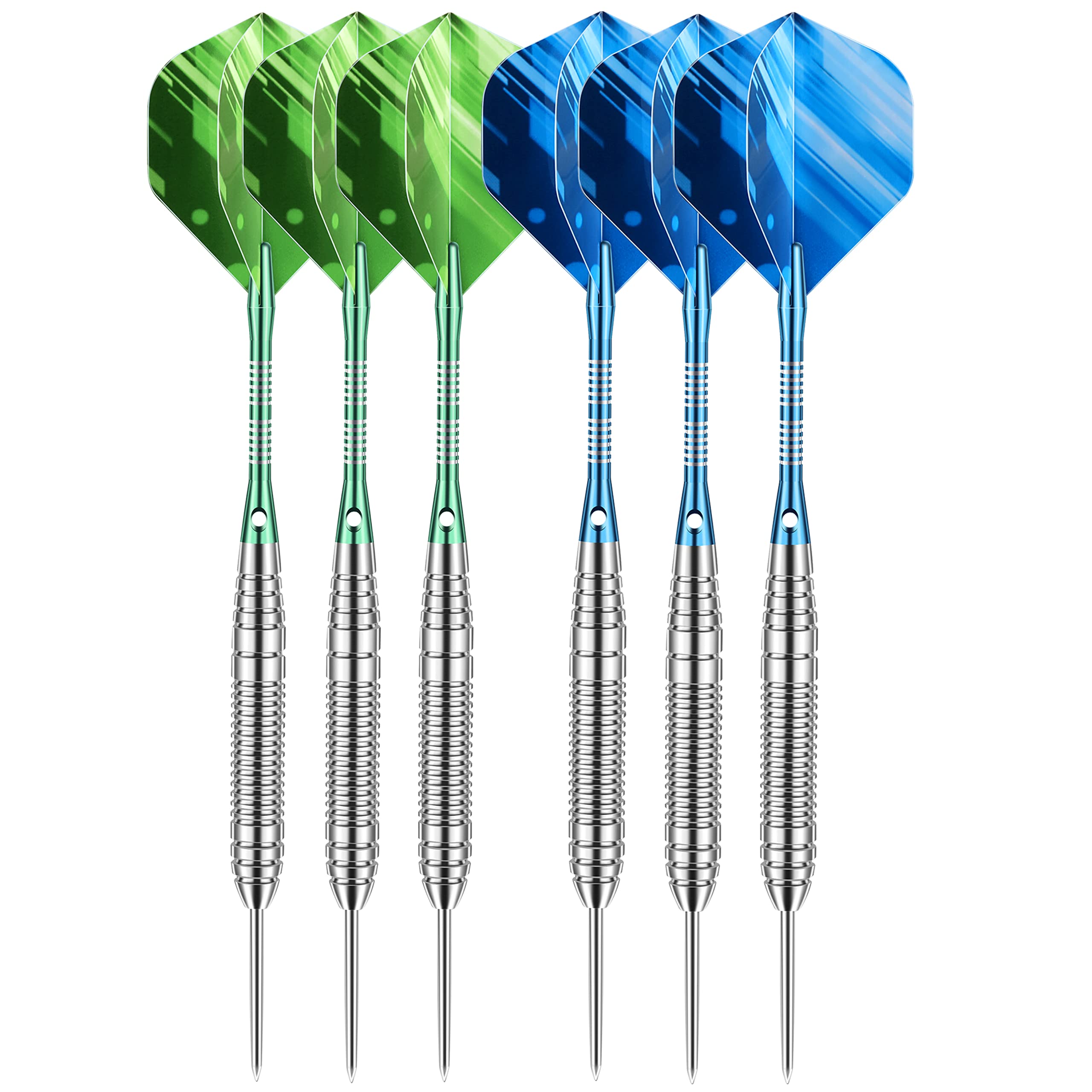 LARRITS 6 Pack 22 Grams Steel Tip Darts Set With Aluminum Dart Shafts Blue Green Flights, include 18 pcs Dart Flights + 12 pcs Rubber O-Rings + Dart Sharpener + Storage Case