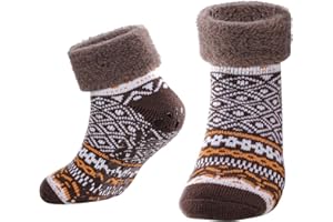 YUEDGE Mens Non Slip Slipper Socks Winter Thick Warm Thermal Socks Cozy Fleece-lined Socks With Grips, 2 Pairs