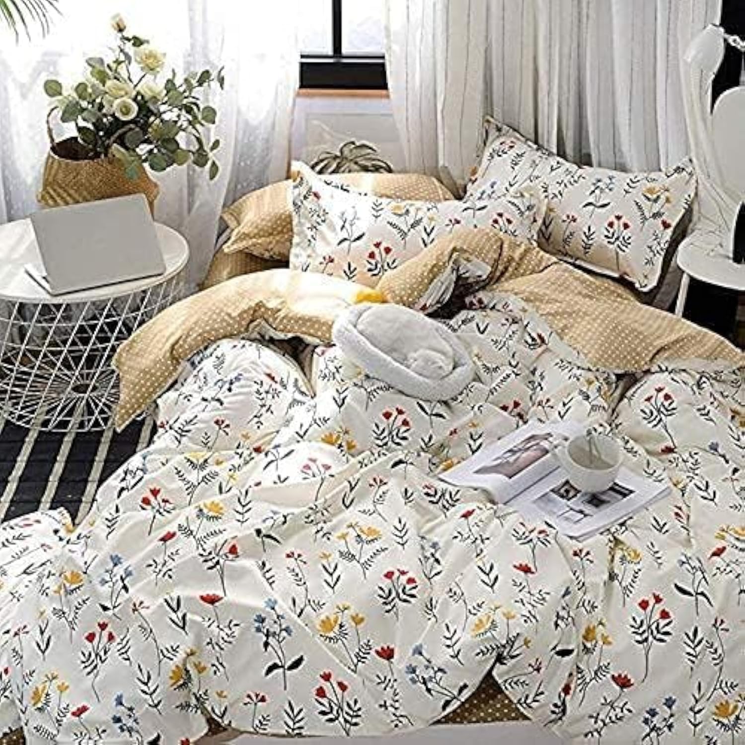 Boho Floral Bedding Set Yellow Flower Duvet Cover Blue Red Blossom Comforter Cover Botanical Country Garden Leaf Branch Quilt Cover for Kids Girls boys Women Room Decor Double Size,White Brown — image 1