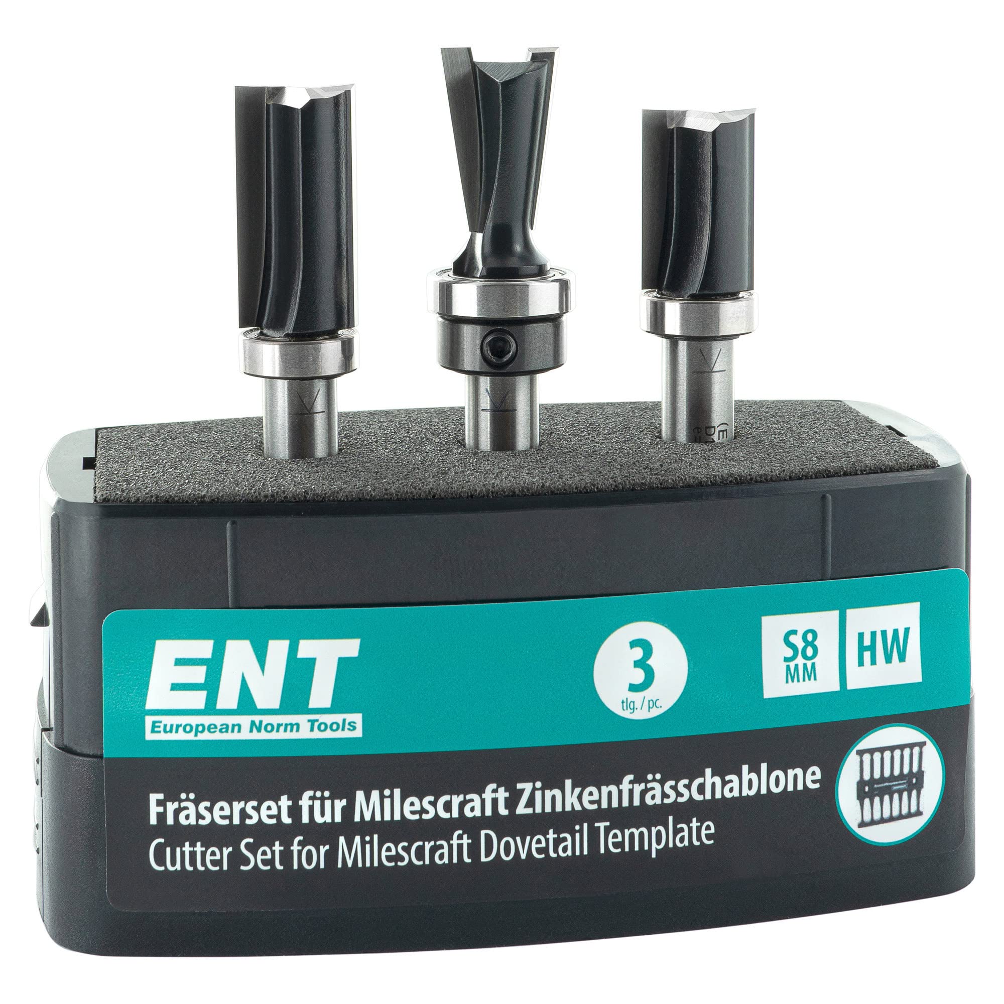 ENT 09049 3-piece Milling cutter set for the Milescraft milling template, for effective tine joints, in carbide, shank 8 mm
