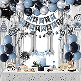 11th Birthday Decorations, Dusty Blue 11 Birthday Decorations for Boys Girls, Blue Sliver Black Birthday Party Decor with Happy Birthday Banner, Number Balloons, Foil Balloons, Swirl