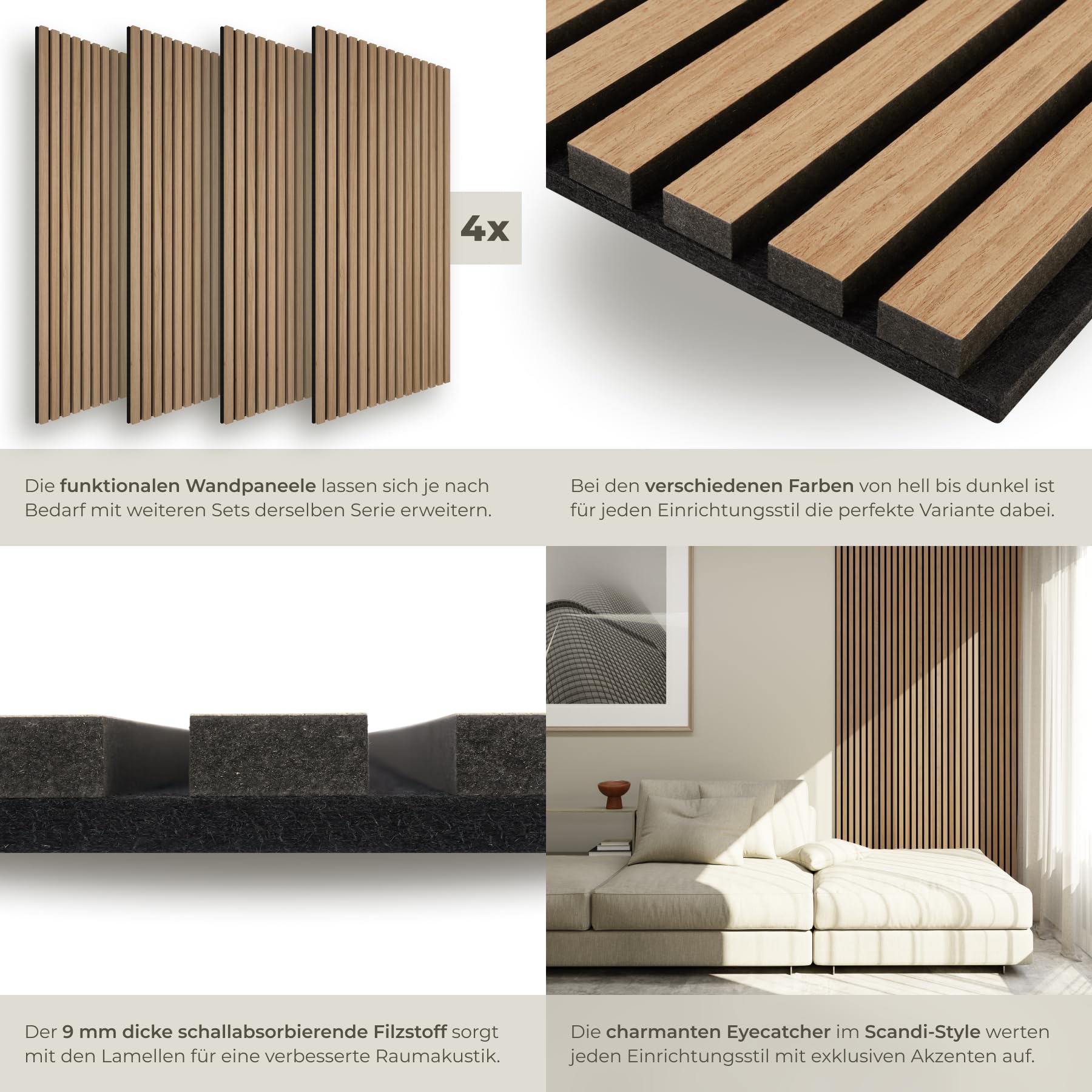 tectake® 3D Akustikpaneele 120 x 60 x 2,1 cm, Holz Optik Paneele, Wandpaneele in Holzoptik als Schallabsorber, Panels für Wohnzimmer, Küche, Wandverkleidung, Schallschutz - Eiche, 4er Set 4
