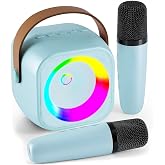 Karaoke Machine,Mini Portable Karaoke Speaker with 2 Wireless Microphones | Bluetooth 5.0, LED Lights, 5 Voice Effects, TF/USB/AUX, Birthday Gifts for Girls and Boys Ages 3-12, Family Home Party