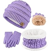 Wenouy 3 Pcs Kids Winter Hat Scarf Gloves Set Boys Girls Thick Warm Beanie Hat Knitted Neck Warmer Fleece Lined Gloves