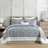 DDUOXIN Oversized King Bedspread 128"x120" - 100% Cotton Reversible California King Quilt with 2 Pillow Shams, Farmhouse Vine Botanical Super Size Bedspreads Coverlet Set, Slate Blue/Off White