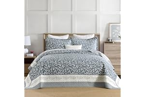 DDUOXIN Oversized King Bedspread 128"x120" - 100% Cotton Reversible California King Quilt with 2 Pillow Shams, Farmhouse Vine Botanical Lightweight Coverlet Set, Slate Blue/Off White