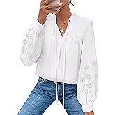 LOOKBOHO Blouses for Women Dressy Casual Embroidered Boho Tops Trendy Puff Long Sleeve Peplum Babydoll Shirts