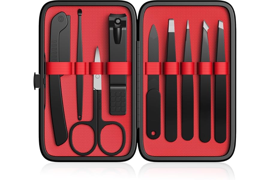 Yougai Tweezers Set,9 Pcs Professional Stainless Steel Tweezer Kit-Great Precision Eyebrow Tweezers for Ingrown Facial Hair with Leather Travel Case as Stocking Stuffing Gifts