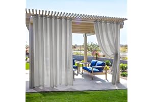 Deconovo Waterproof Outdoor Sheer Curtains for Patio 108 Inches Long, Farmhouse Faux Linen Sheer Grey Grommet Curtains, Grey, 100x108 Inch, 2 Panels