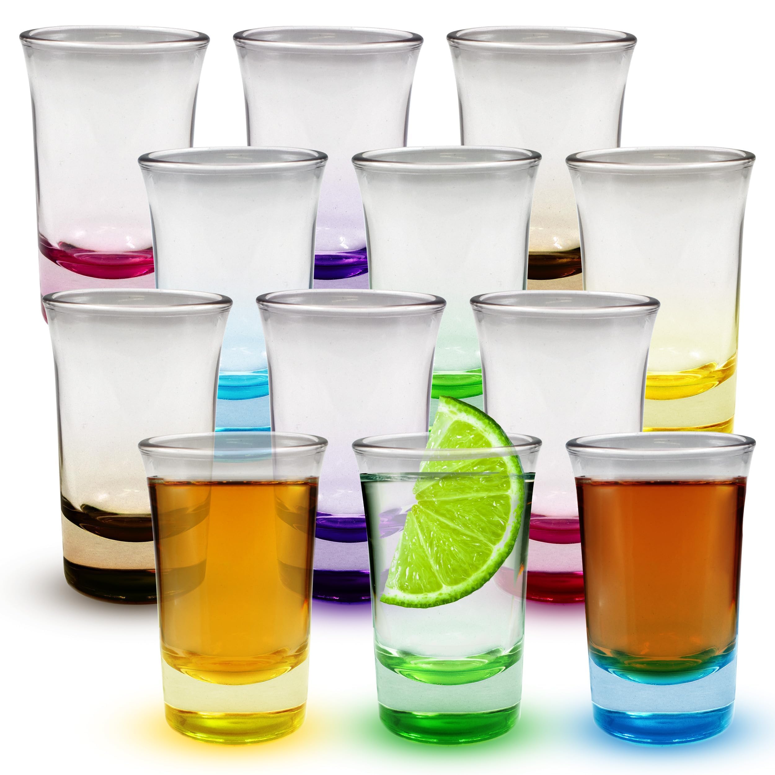 Volila Heavy Base Shot Glasses - 50ml (12 Pack) Coloured Set for Alcohol, Vodka, Expresso, Tequila & Desserts - Durable & Reusable for Home, Bars & Party