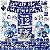 KOTLMIGHT 12th Birthday Decorations Boy, Blue Silver Happy 12 Birthday Party Decor Supplies for Boy 12 Year Old Birthday - Backdrop, Banner, Tablecloth, Centerpieces, Hanging Swirl, Hat, Wall Signs